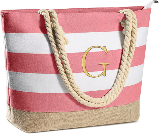 YOOLIFE Initial Canvas Waterproof Beach Tote Bag Zipper Personalized Gifts for Women Her Birthday Travel Beach Essential