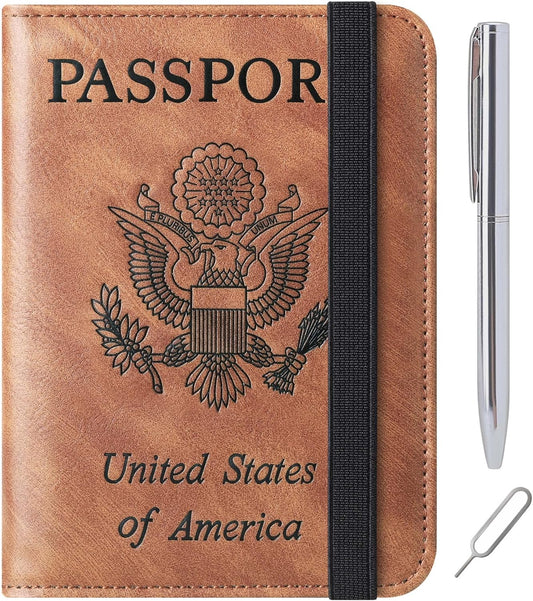 Passport Holder Cover Wallet Travel Essentials Leather Rfid Blocking Case Vacation Luggage Must Haves Travel Accessories for Men Women (116#Brown)