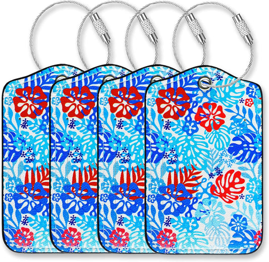 Luggage Tags for Suitcases-Leather Luggage Tag 4 Pack with Loops Hawaii Cute Bag/Backpack/Suitcase Tags Travel Essentials for Flying