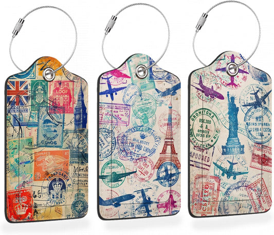 Retro Wanderlust Stamps 3 PCS PU Leather Luggage Tags for Suitcase, Luggage Tag with Privacy Flap, Name ID Label and Metal Loop for Women Men Baggage Handbag School Bag Backpack