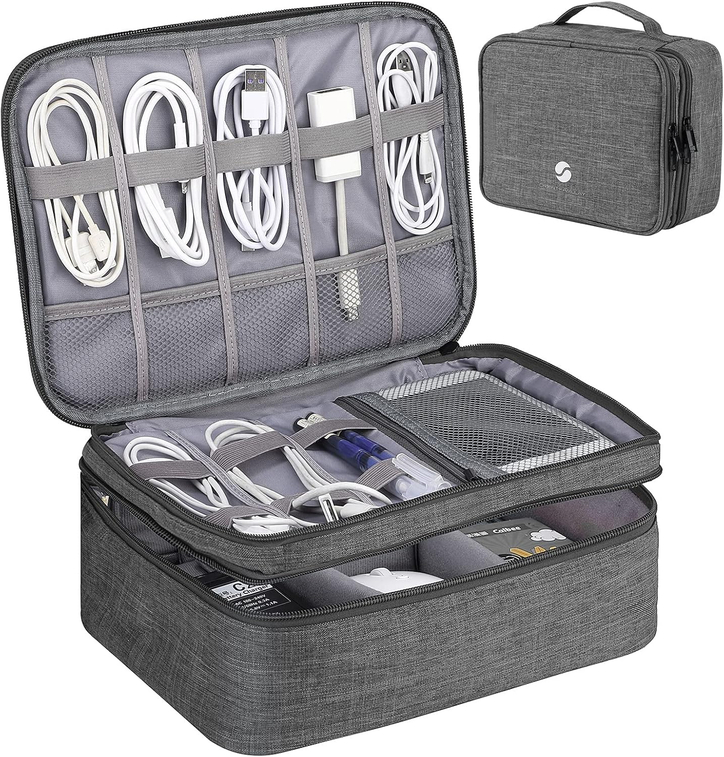 ORIENT FAMULAY Travel Organizer, Waterproof Cable Bag for Electronic Accessories Double Layer Large Shockproof Storage Bag for Cord, Hard Disk, Power Bank, Tablet -Gray