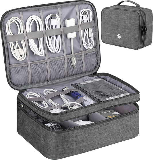 ORIENT FAMULAY Travel Organizer, Waterproof Cable Bag for Electronic Accessories Double Layer Large Shockproof Storage Bag for Cord, Hard Disk, Power Bank, Tablet -Gray