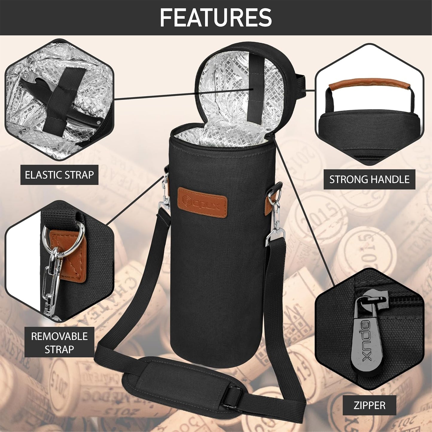 opux Wine Bag Single Bottle Carrier Tote, Insulated Wine Cooler Bag for Travel Picnic Beach with Shoulder Strap, Thermal One Bottle Holder Carrying Case Wine Gift for Women Men, Black
