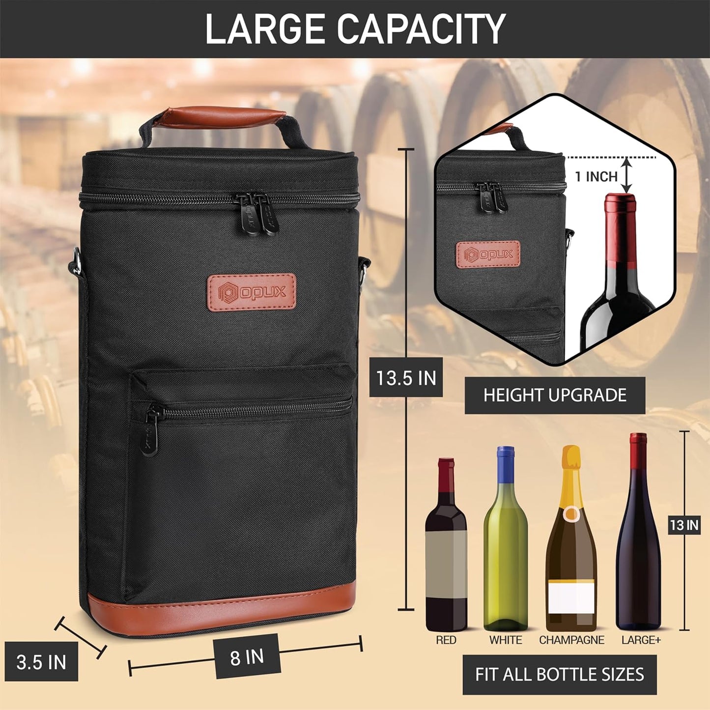 opux Wine Bag 2 Bottle Wine Tote Carrier, Insulated Wine Cooler Bag for Travel Picnic, Leakproof Portable Bottle Padded Case, Wine Gifts For Women Men Wine Lovers Christmas, Black