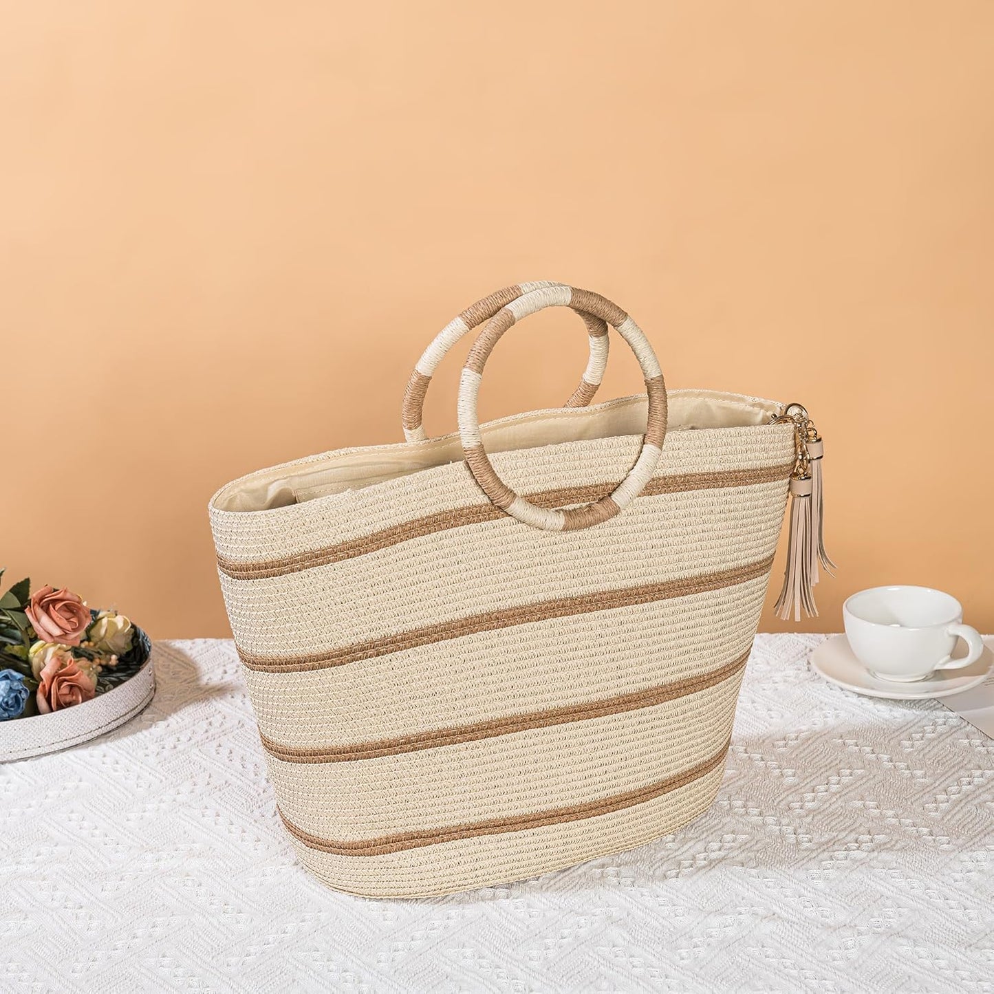 Beach Bags for Women Straw Tote Bag Summer Beach Bag Large Woven Straw Tote for Vacation Holiday