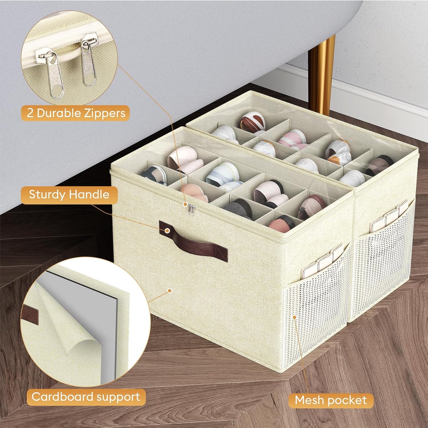 Budding Joy 2 Pack Shoe Organizer for Closet, Clear Foldable Shoe Storage Containers Adjustable Dividers Fits 16 Pairs,Shoe Storage Bins Baskets Boxes with Reinforced Handles Beige Yellow