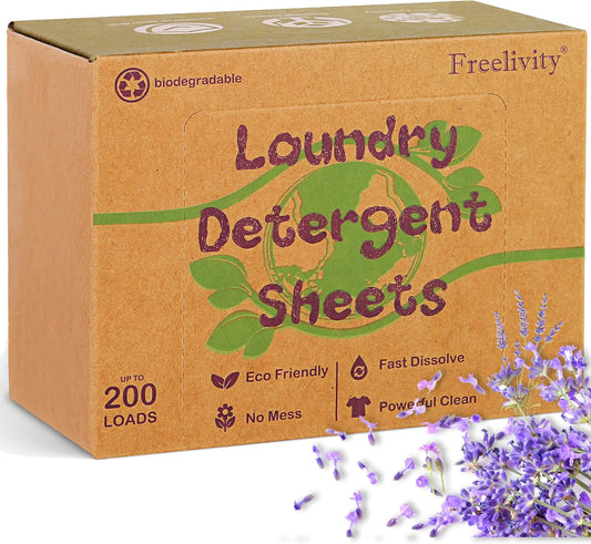 Freelivity Laundry Detergent Sheets, 200 Loads Eco-Friendly Laundry Soap Strips - No Plastic Jug Hypoallergenic Liquid Less Dissolvable Space Saving Sheets for HE machine, travel, home clothes washing