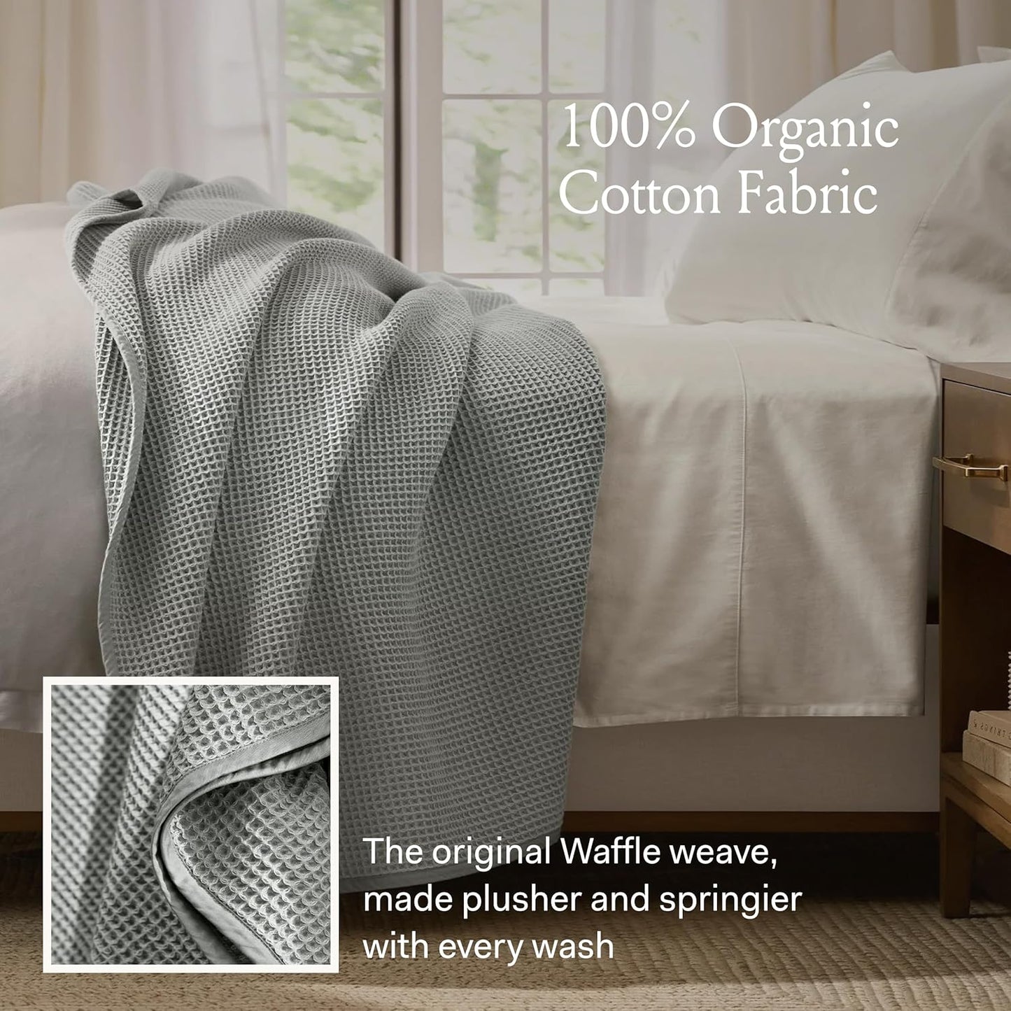 BOLL & BRANCH Waffle Bed Blanket - King/Cal King, Mineral - Luxury 100% Organic Cotton - Soft, Lightweight and Breathable - Textured Waffle Weave