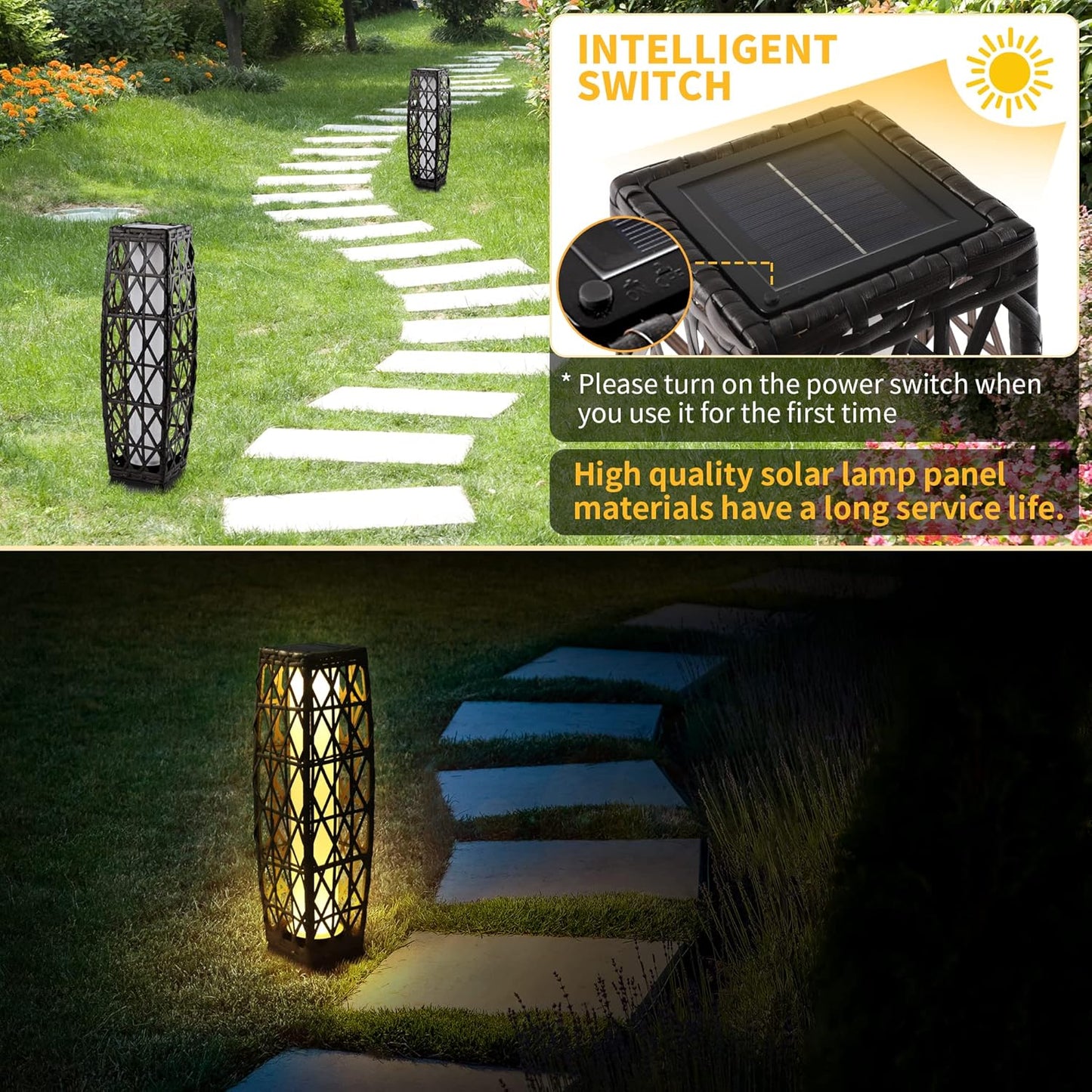 Solar Powered Outdoor Floor, 2 Piece Outdoor Floor Lamps, Solar Lanterns Waterproof, Resin Wicker Weather-Resistant Rattan Deck Light for Patio, Lawn, Porch, Garden