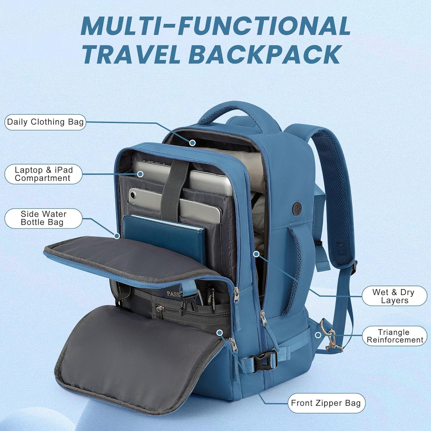 Travel laptop Backpack for Men Women, Personal Item Size Flight Approved, 16 Inch Laptop Bag with Multi-Pockets, College Computer Bag, Waterproof Carry On Backpack Casual Daypack Backpack
