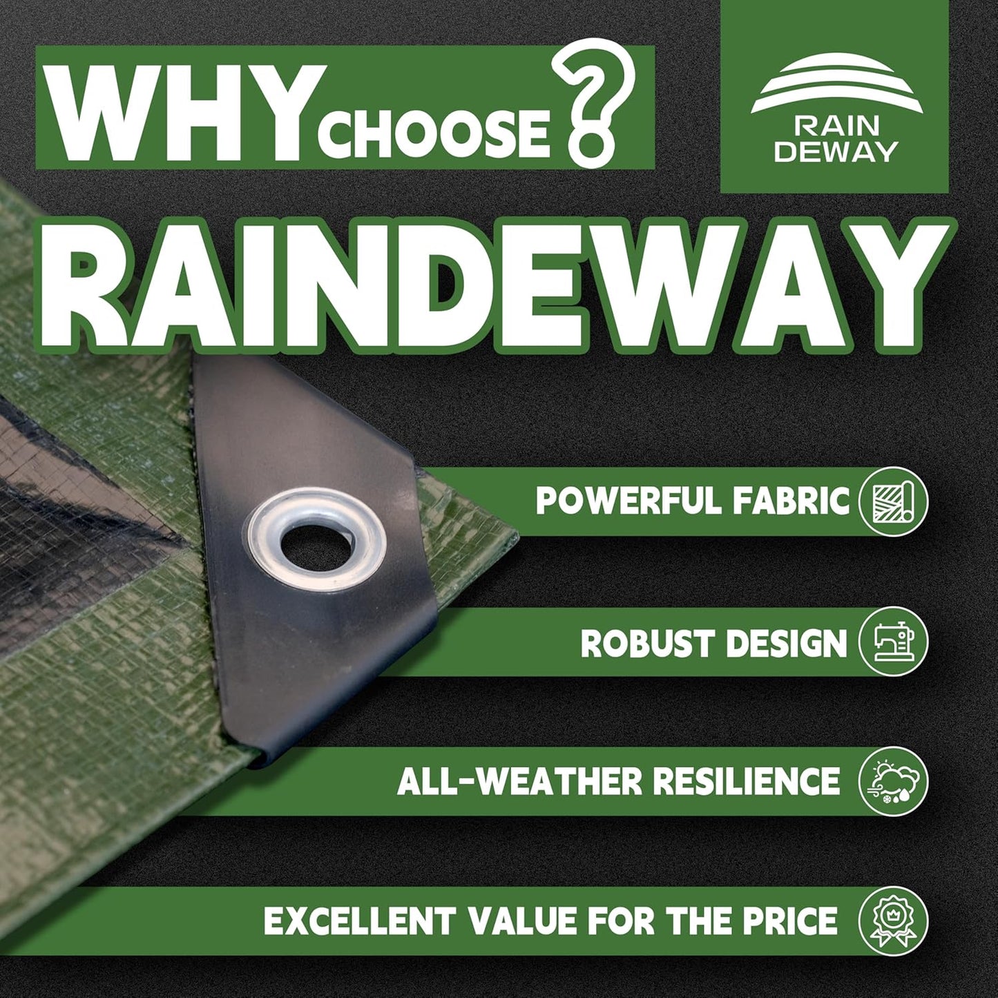15x15 Feet Tarp Waterproof,9Mil Thick,Finished Size Tarps,UV Resistant,Durable,Multipurpose Poly Tarp Cover with Metal Grommets and Reinforced Edges,Green/Black by RAINDEWAY