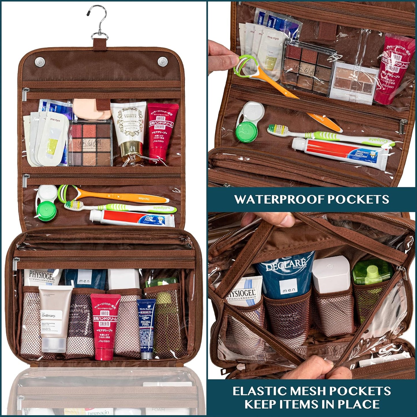 PAVILIA Hanging Toiletry Bag Women Men, Foldable Cosmetic Organizer Travel Bag, Water Resistant Makeup Bag Toiletries, Large Travel Essentials Kit (Brown)