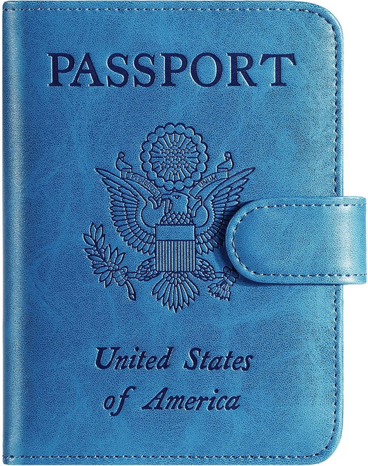 Passport Holder Cover Wallet RFID Blocking Leather Card Case Travel Accessories for Women Men (Blue)