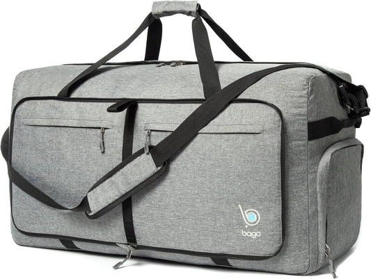 Bago Large Foldable Duffel Bags for Traveling Women & Men - 100L Packable Duffle Bag for Travel with Shoe Compartment - Water Repellant, Heavy Duty, Lightweight Folding & Collapsible (SnowGray)