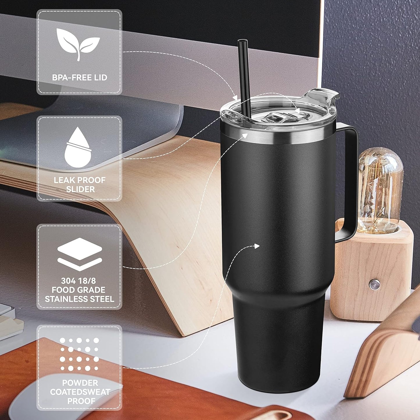 HASLE OUTFITTERS 40 oz Stainless Steel Tumbler with Handle, Vacuum Insulated Tumblers Bulk, Reusable Double Wall Travel Coffee Mug, Durable Powder Coated Water Bottles(Black, 8)