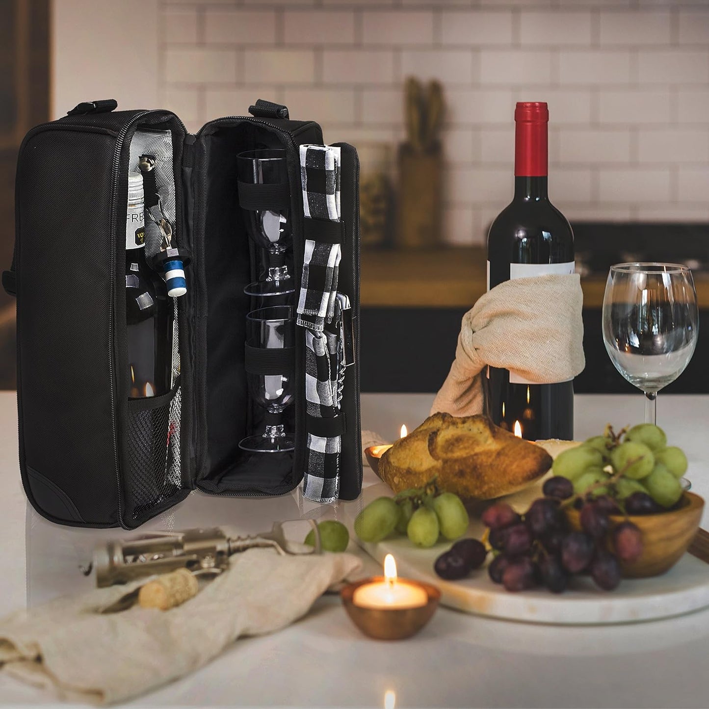 ALLCAMP Wine tote Bag with Cooler Compartment, Picnic Set Carrying Two sets of tableware