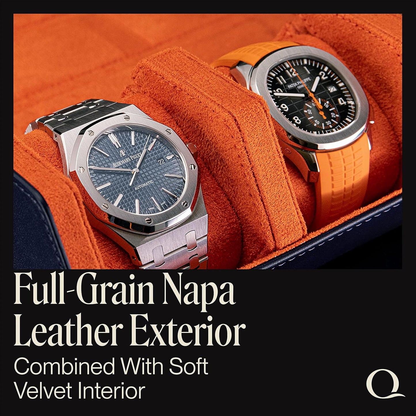 Napa Leather Watch Rolls for Men - Hexagon Triple Watch Roll Travel Case for 3 Watches - Storage Organizer Genuine Leather with Velvet Interior Display (Blue/Orange)