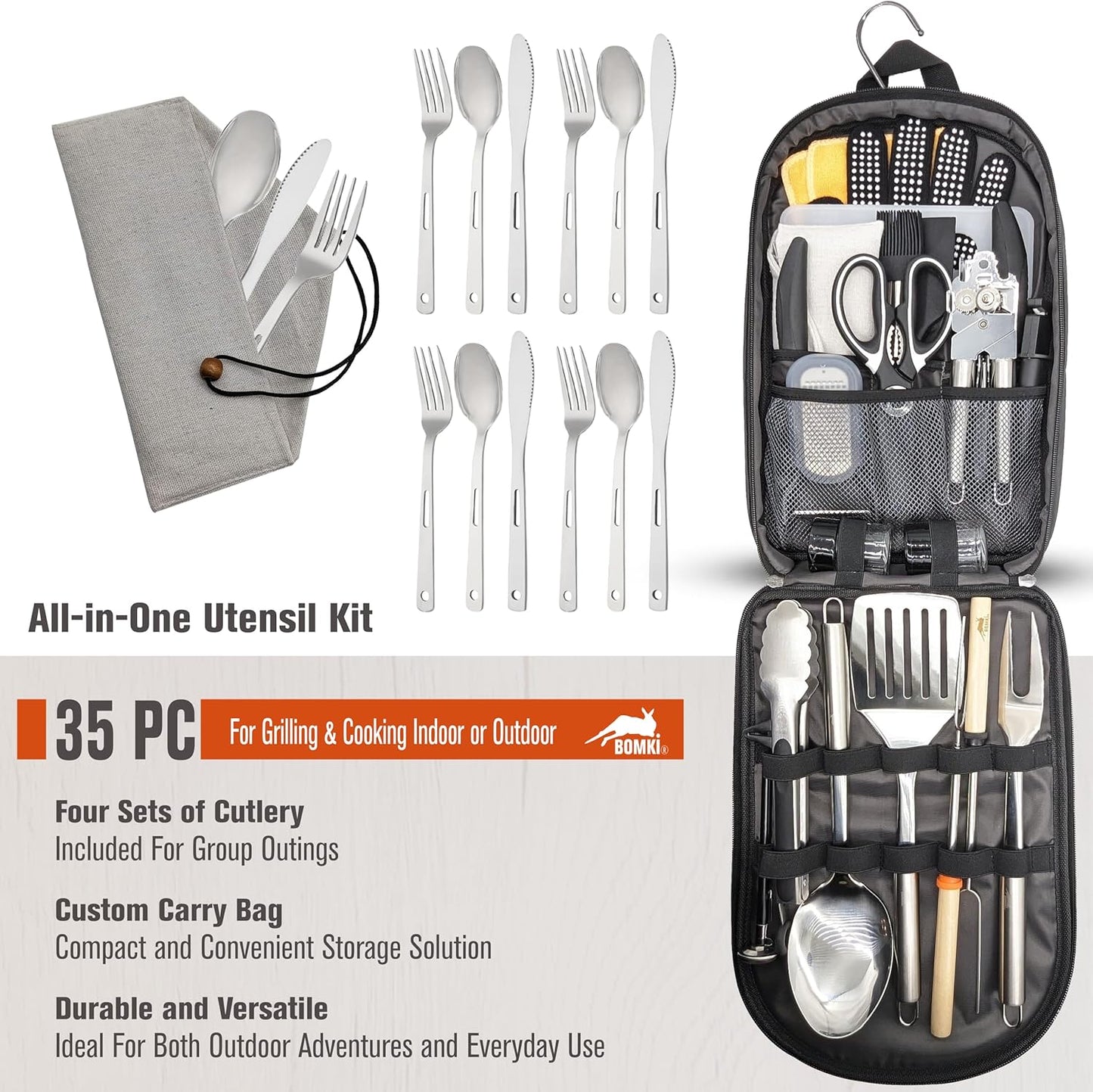 BOMKI Grilling & Camping Cooking Utensils - BBQ & Camping Kitchen Set - Cookware Accessories - Black Pro