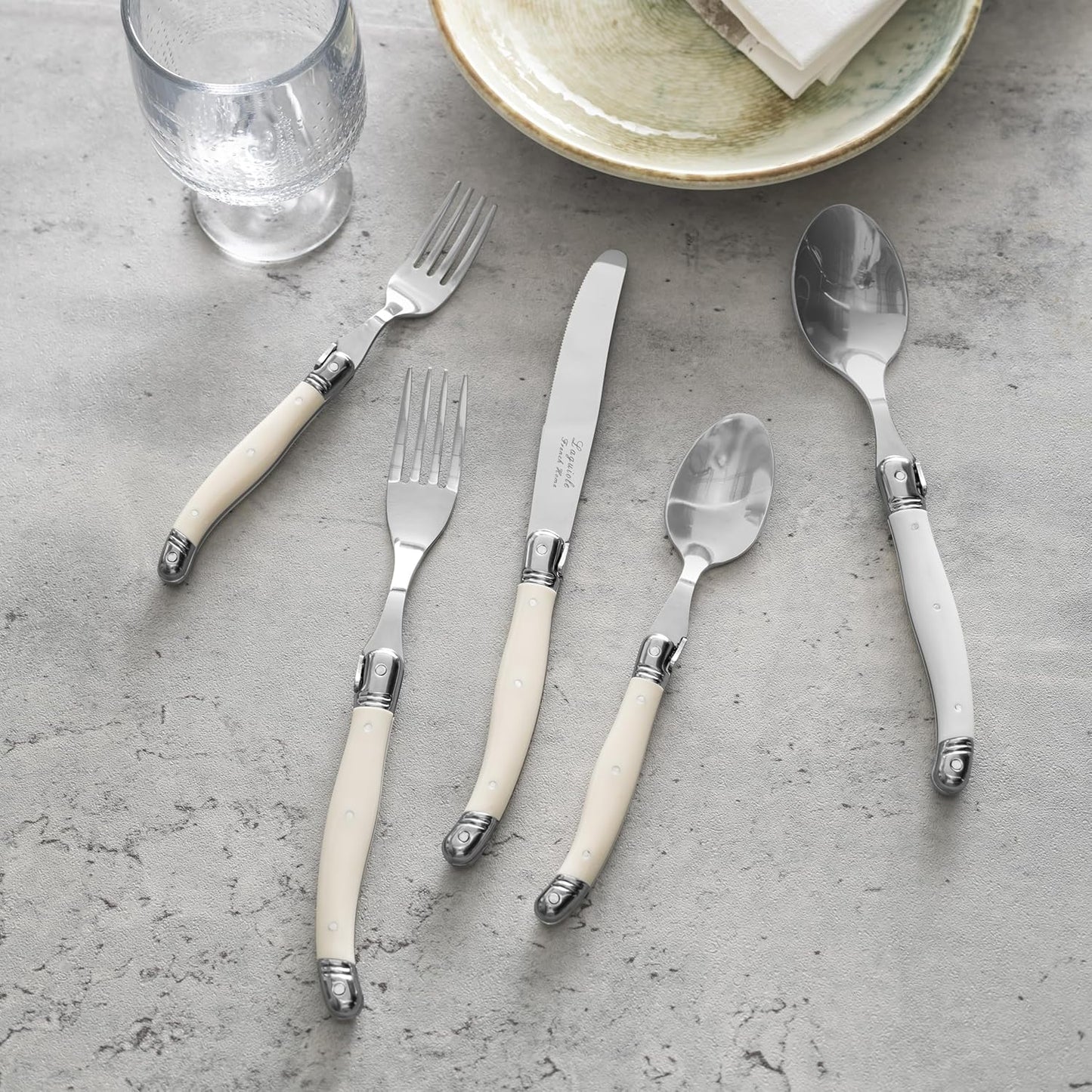 French Home Laguiole 20 Piece Flatware Set – 18/10 Stainless Steel Flatware Set for 4 – Luxurious Ivory-Colored Utensil Set w/Knives, Spoons and Forks