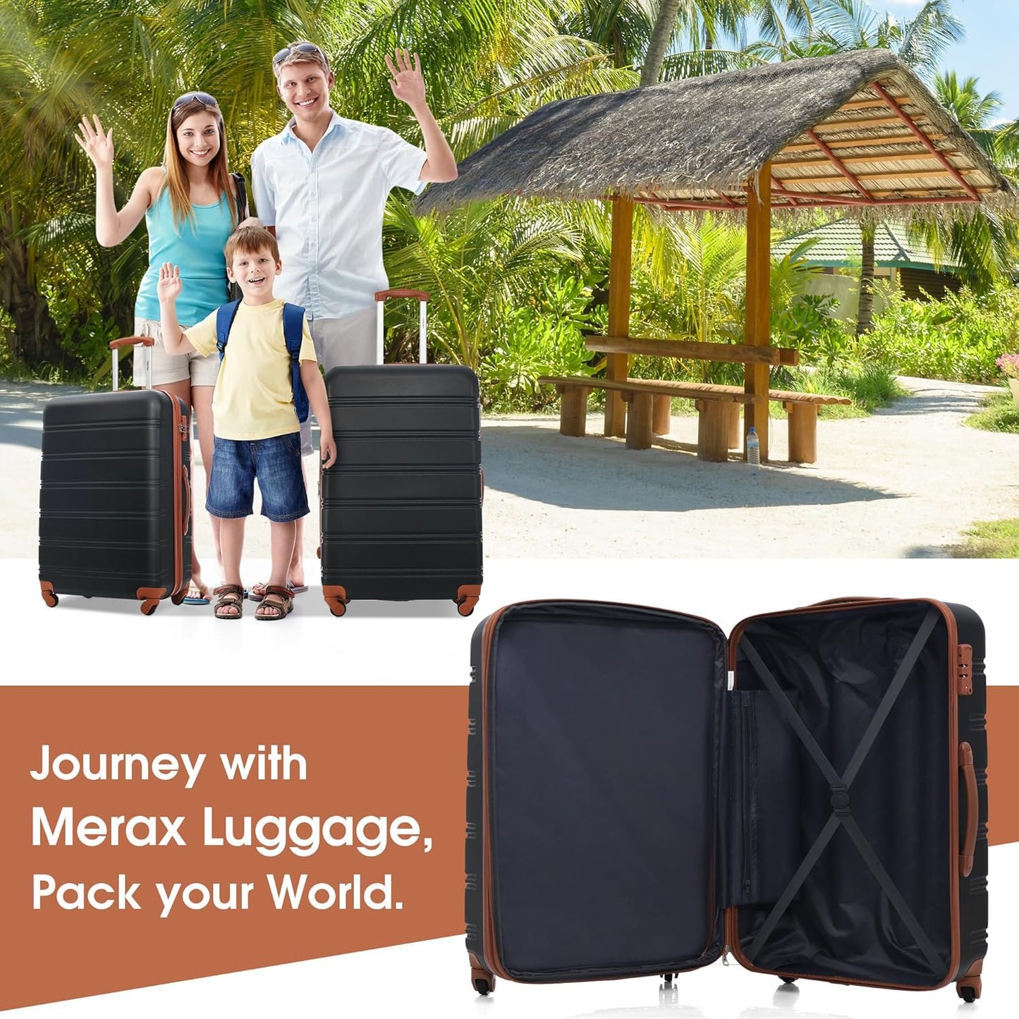 Merax Luggage sets of 3 Piece 20 24 IN Carry on Luggage Hard Case Black and Brown Luggage Expandable Checked Luggage Suitcase Set with Wheels