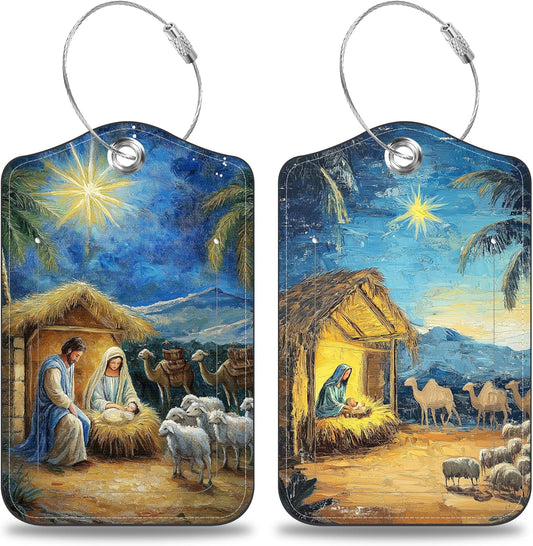 Nativity Scene Set of 2 Luggage Tags for Suitcases Leather Suitcase Tags Identifiers with Privacy Name Address Label and Stainless Steel Loop for Women Men Travel Luggage Accessories