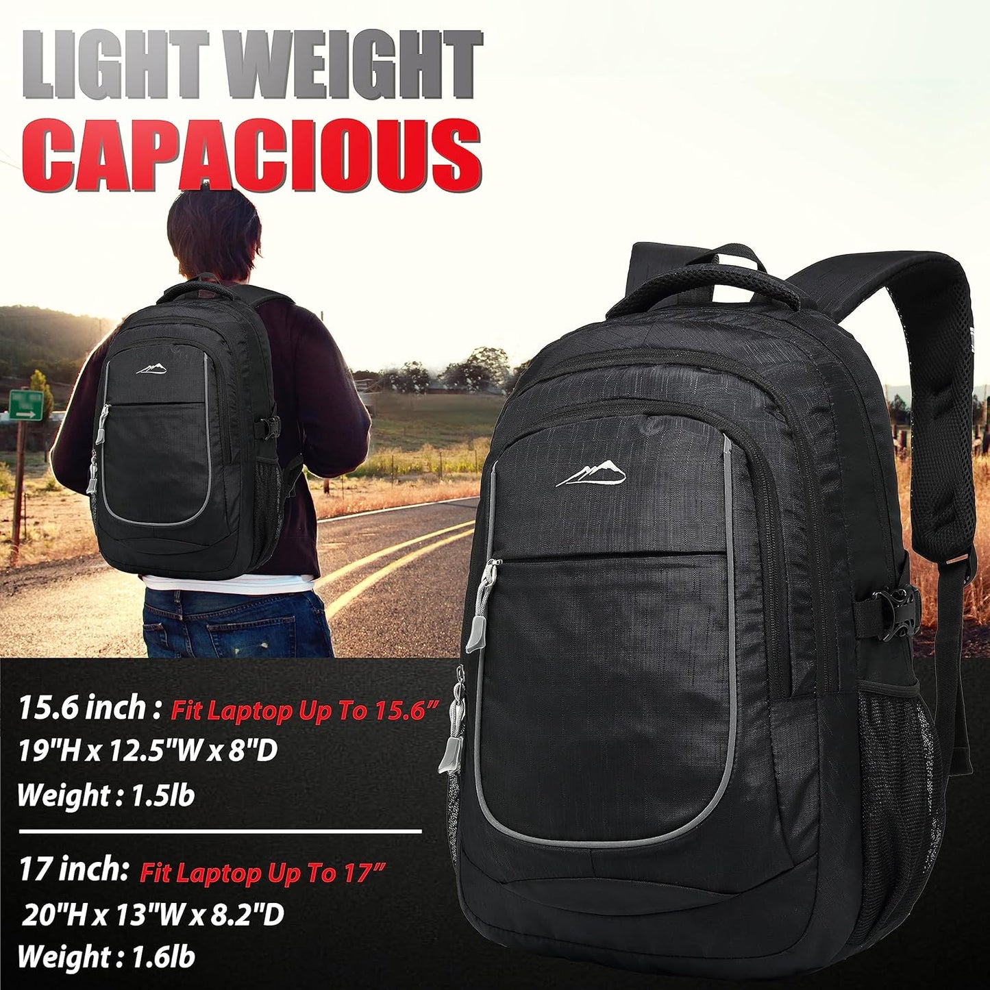 ProEtrade Backpack Bookbag for College Sturdy Travel Business Hiking Fit Laptop Up to 15.6 Inch Multi Compartment Gifts for Men Women Night Light Reflective (Black)