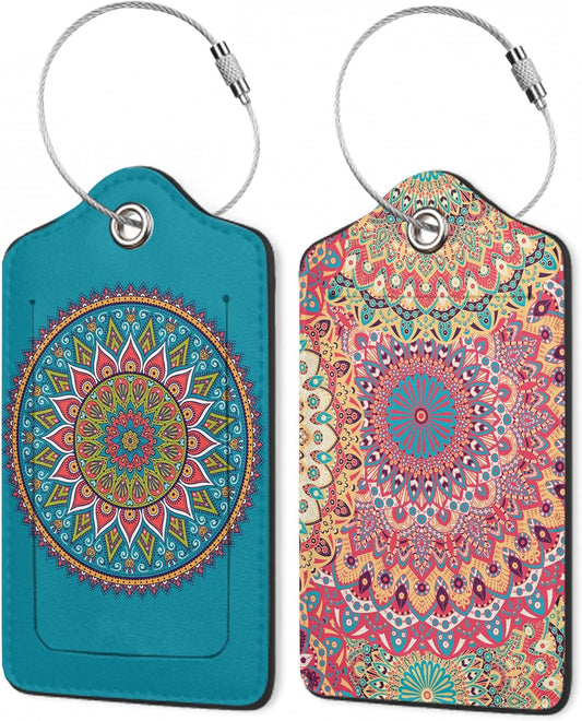 Luggage Tags for Suitcase,Flower Mandala Luggage Tags of Set 2 Leather Identifiers Privacy Cover with Stainless Steel Loop for Women Men Travel Bag Suitcase