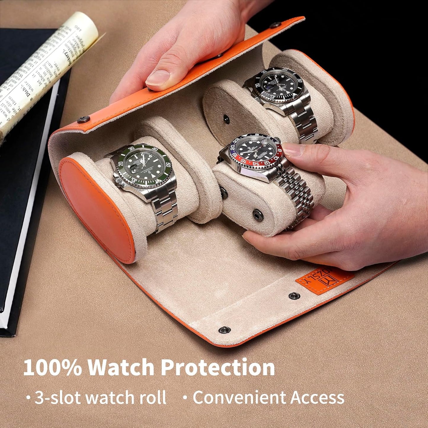 MOZSLY Watch Roll Travel Case 3 Slots Portable Watches Box Organizer Storage Holder Pattern PU Leather
