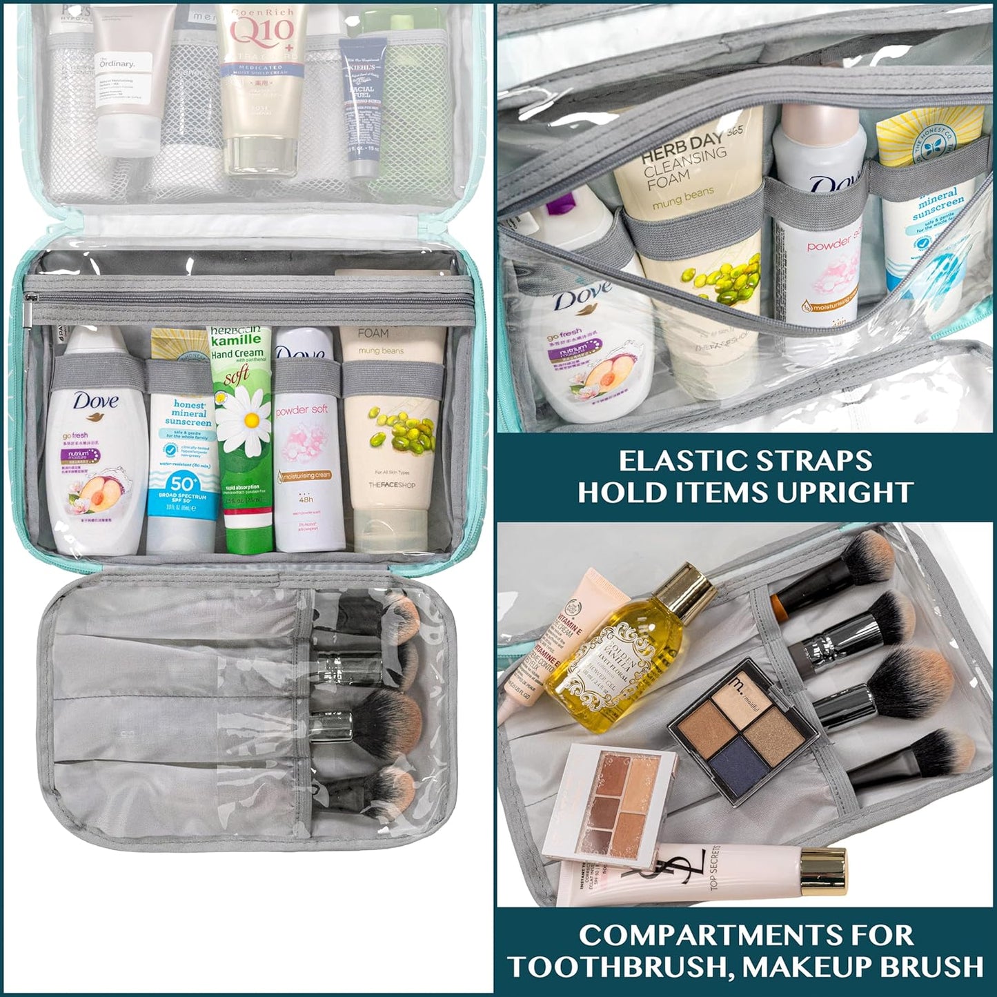 PAVILIA Hanging Toiletry Bag Women Men, Foldable Cosmetic Organizer Travel Bag, Water Resistant Makeup Bag Toiletries, Large Travel Essentials Kit (Teal Chevron)