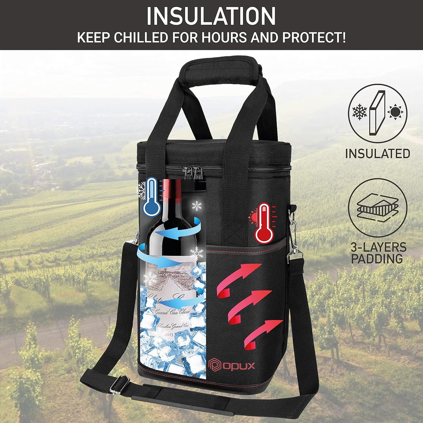Opux 4 Bottle Insulated Wine Cooler Bag - Leakproof Padded Portable Wine Bottle Carrier for Travel Picnic BYOB Gift (Black)