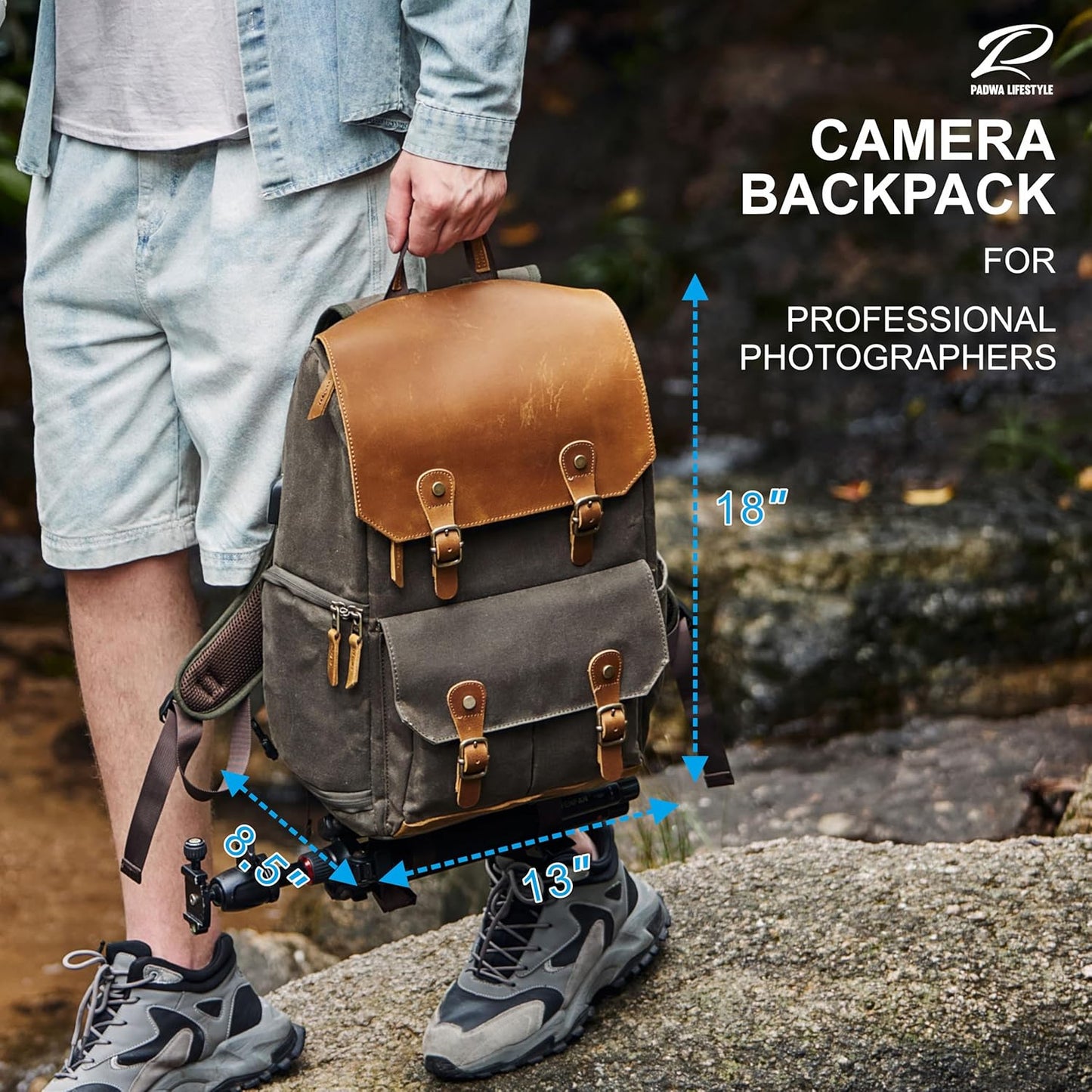 Padwa Lifestyle Coffee Camera Backpack - Weather Resistant Waxed Memory Canvas Camera Backpacks for Photographers,Multi DSLR SLR Camera Bag with 16” Laptop & Lens Compartment and Tripod Holder