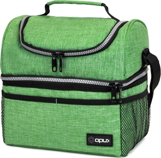 OPUX Lunch Box For Men Women, Insulated Large Lunch Bag Adult Work, Double Decker Lunchbox Meal Prep, Dual Compartment Leakproof Lunch Cooler, Soft Lunch Pail Tote Boys Girls Kids School, Green 12L