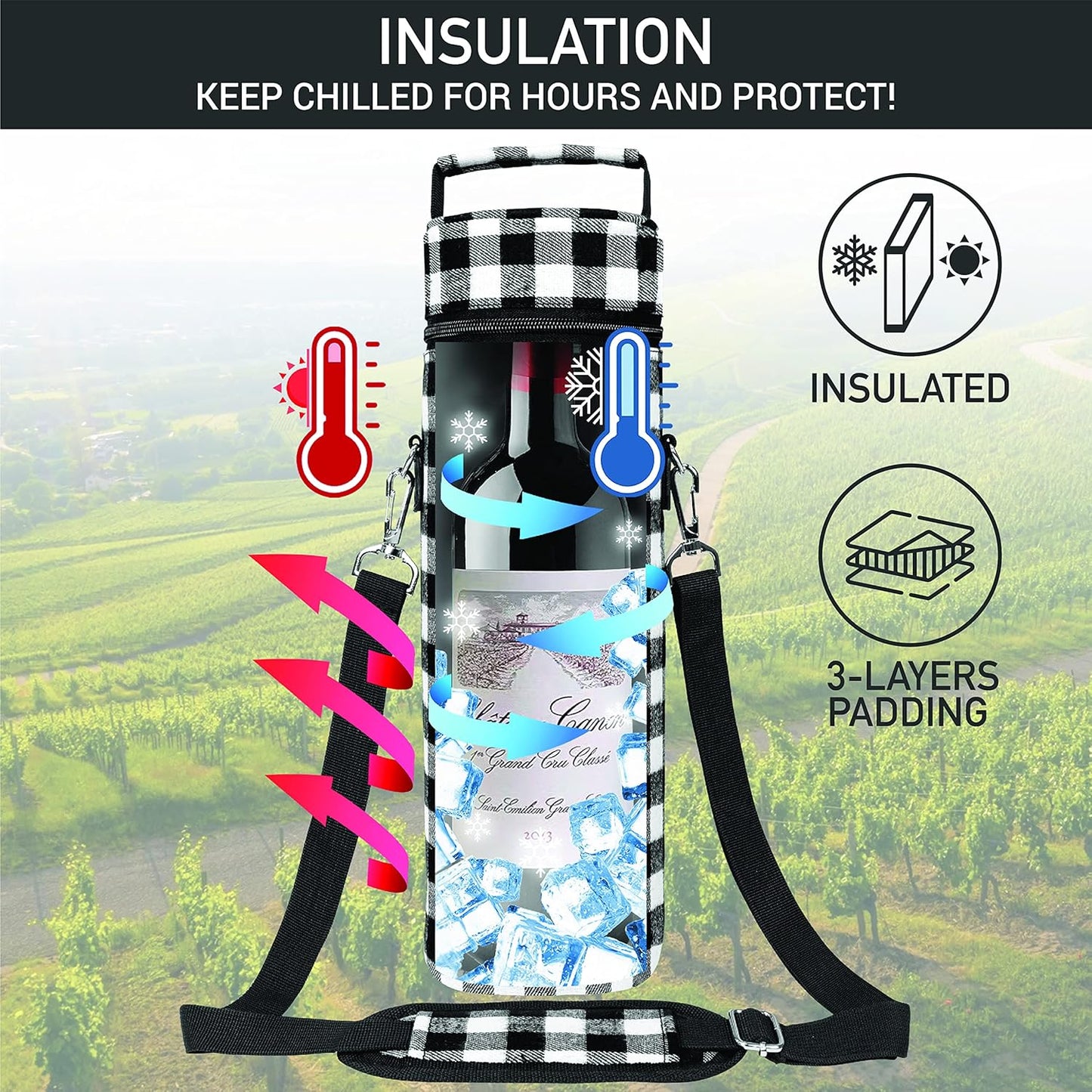 opux Wine Bag Single Bottle Carrier Tote, Insulated Wine Cooler Bag for Travel Picnic Beach with Shoulder Strap, Thermal One Bottle Holder Carrying Case Wine Gift for Women Men, Plaid Buffalo White