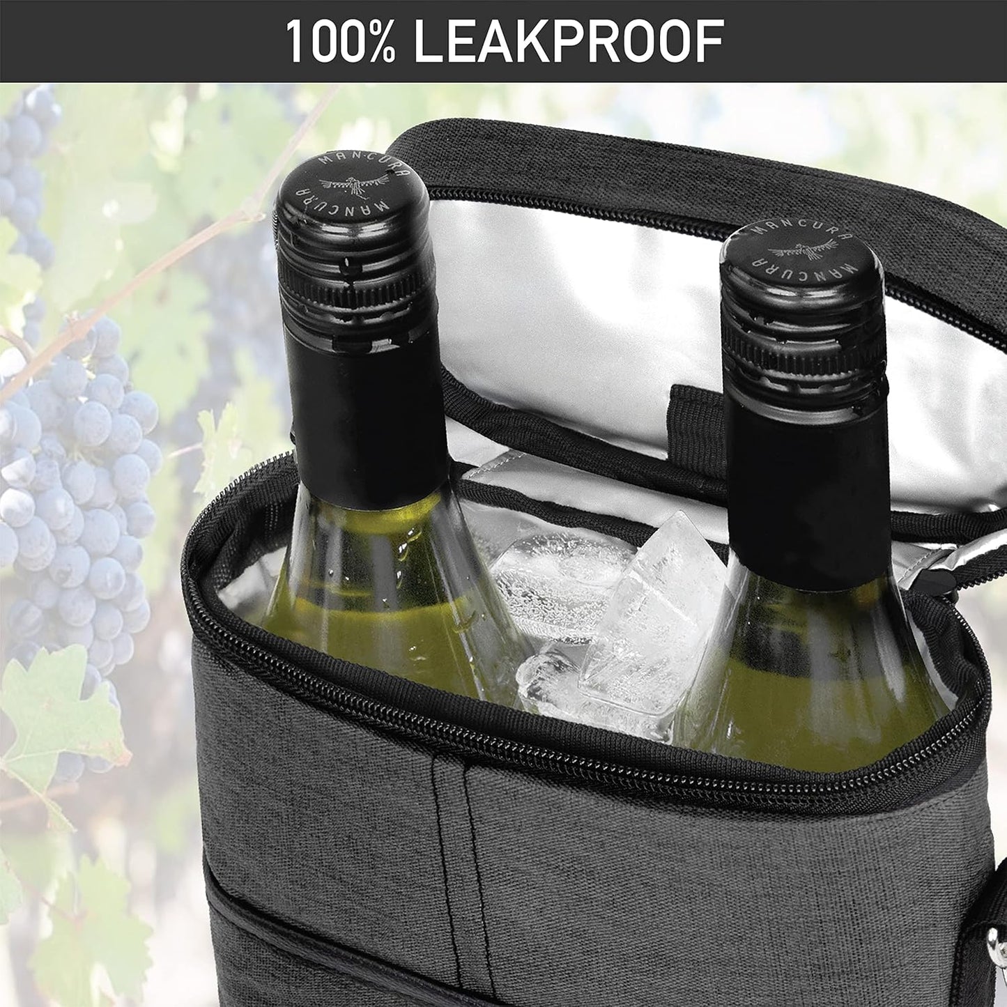 opux 2 Bottle Wine Carrier Tote, Insulated Leakproof Wine Cooler Bag, Wine Travel Bag for Picnic BYOB Beach, Portable Wine Bottle Carrying Case, Gift for Wine Lover Women Men Christmas, Charcoal Grey