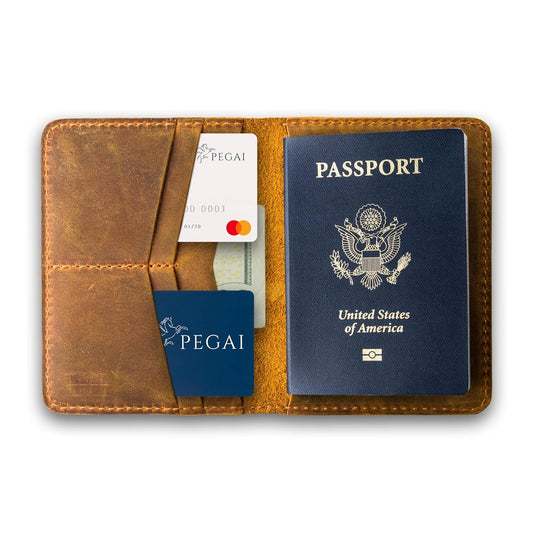 PEGAI Handcrafted Leather Passport Wallet for Men and Women | Full Grain Crazy Horse Leather Passport Holder | Custom Travel Passport Cover & Organizer | (Cinnamon)