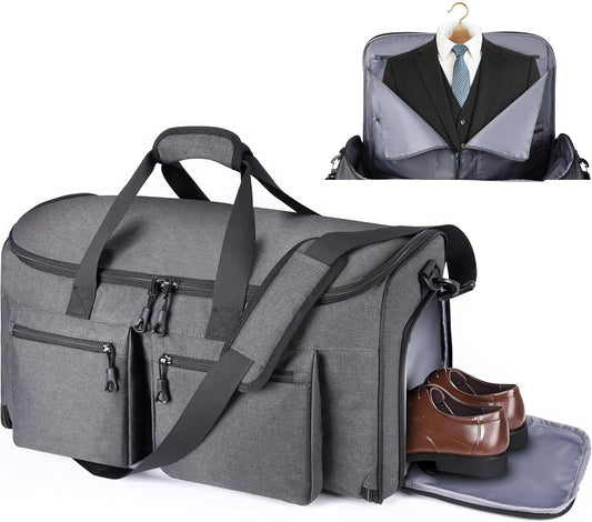 Convertible Duffle Bags for Travel Carry On Suit Duffle Bags with Shoulder Strap 2 in 1 Hanging Garment Duffle Bag for Men Women (Grey)