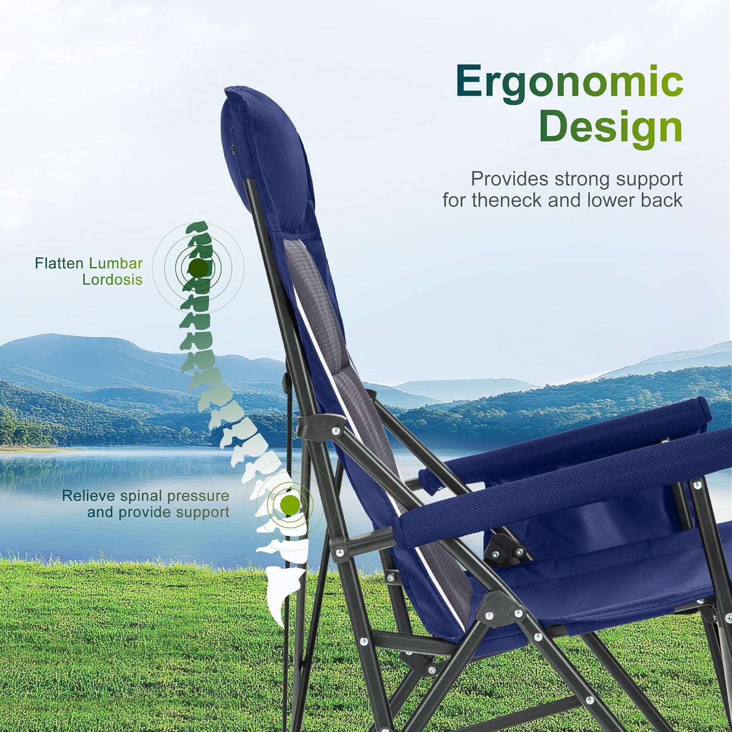 ALPHA CAMP Oversized Folding Camping Chairs High Backrest Heavy Duty Lawn Chairs for Adults Support 500 LBS Portable Camp Chairs with Cup Holders Large Side Pocket for Outdoor