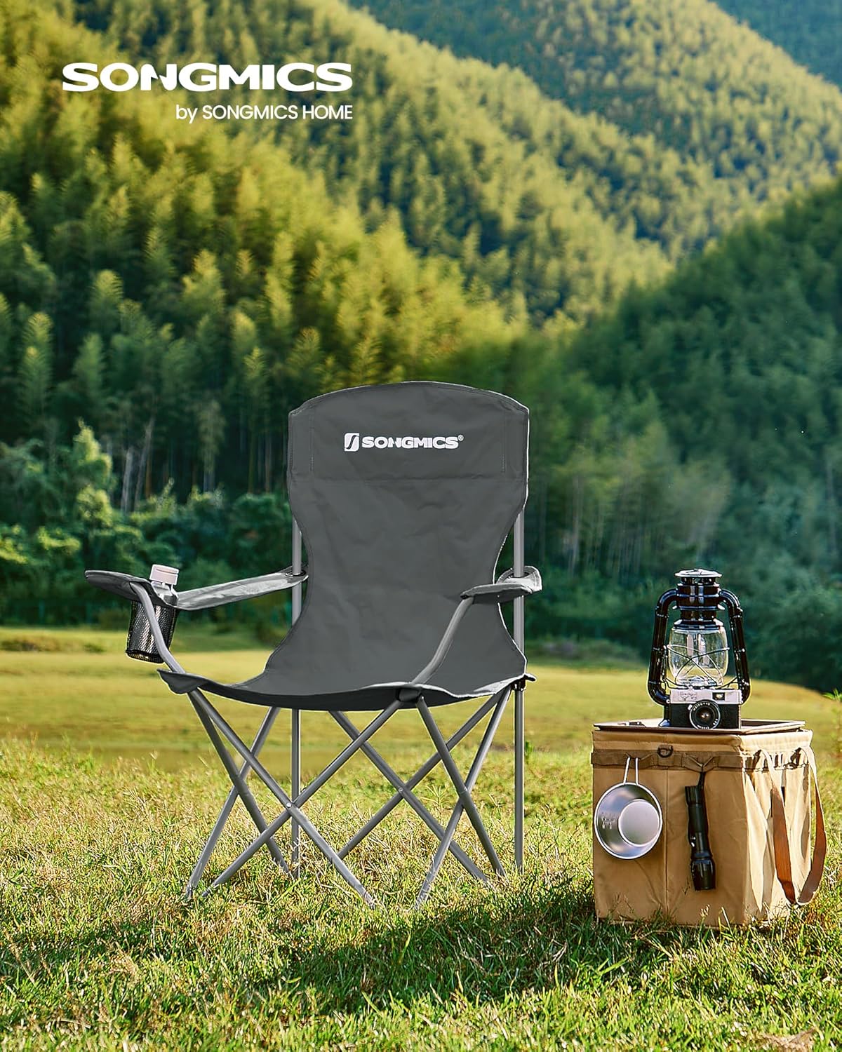 SONGMICS 2 Pack Folding Camping Chairs, Load 330 lb, Cup Holder and High Backrest, Heavy-Duty Structure, for Lawn, Garden, Fishing, Terrace