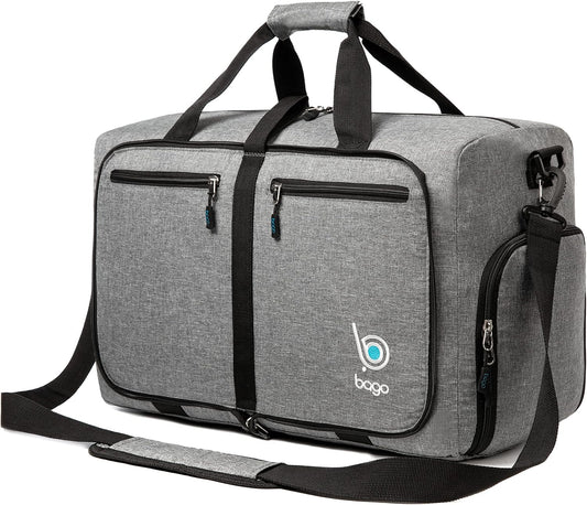 Bago Foldable Duffel Bags for Traveling Women & Men - 40L Sports Packable Duffle Bag for Travel with Shoe Compartment - Water Repellant, Heavy Duty, Lightweight Folding & Collapsible (SnowGray)