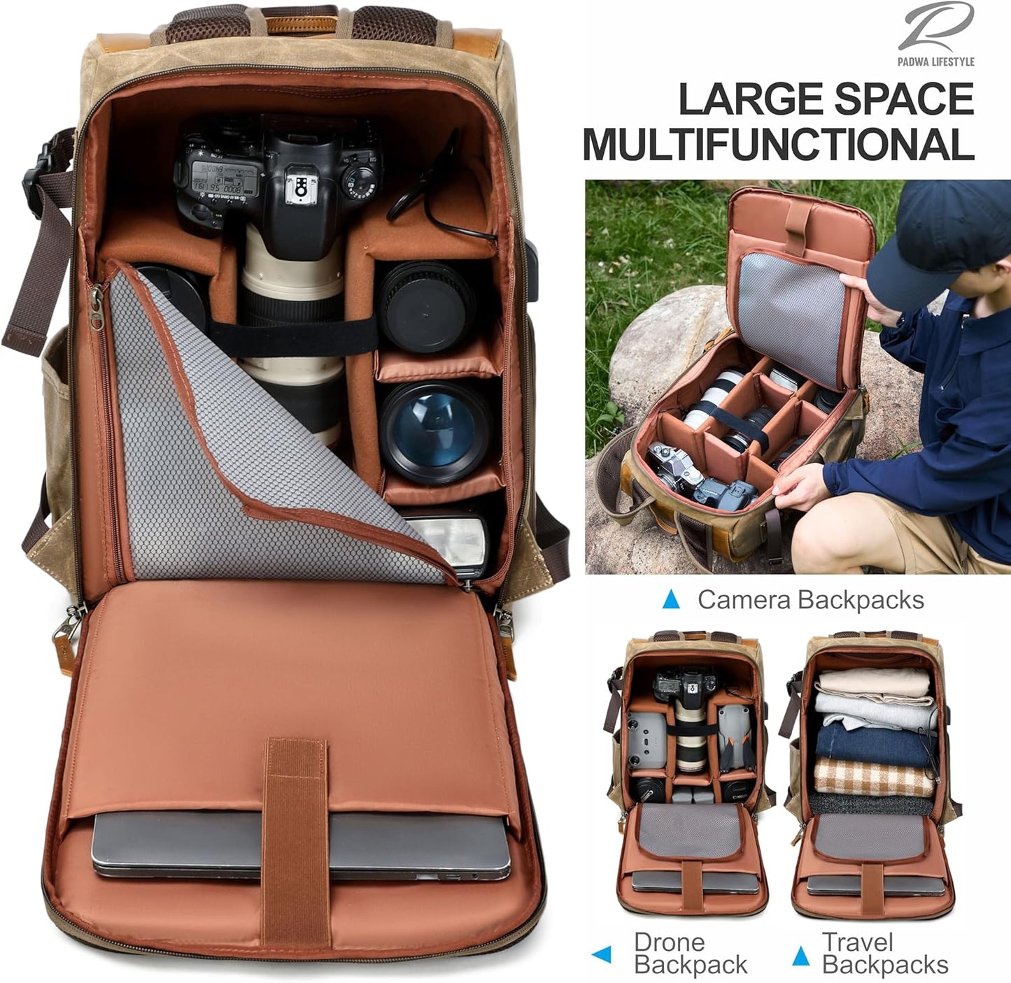 Padwa Lifestyle Khaki Camera Backpack - Waxed Memory Weather Resistant Canvas Camera Bag, Multi DSLR SLR Large Camera Backpacks for Photographers with 16” Laptop & Lens Compartment and Tripod Holder