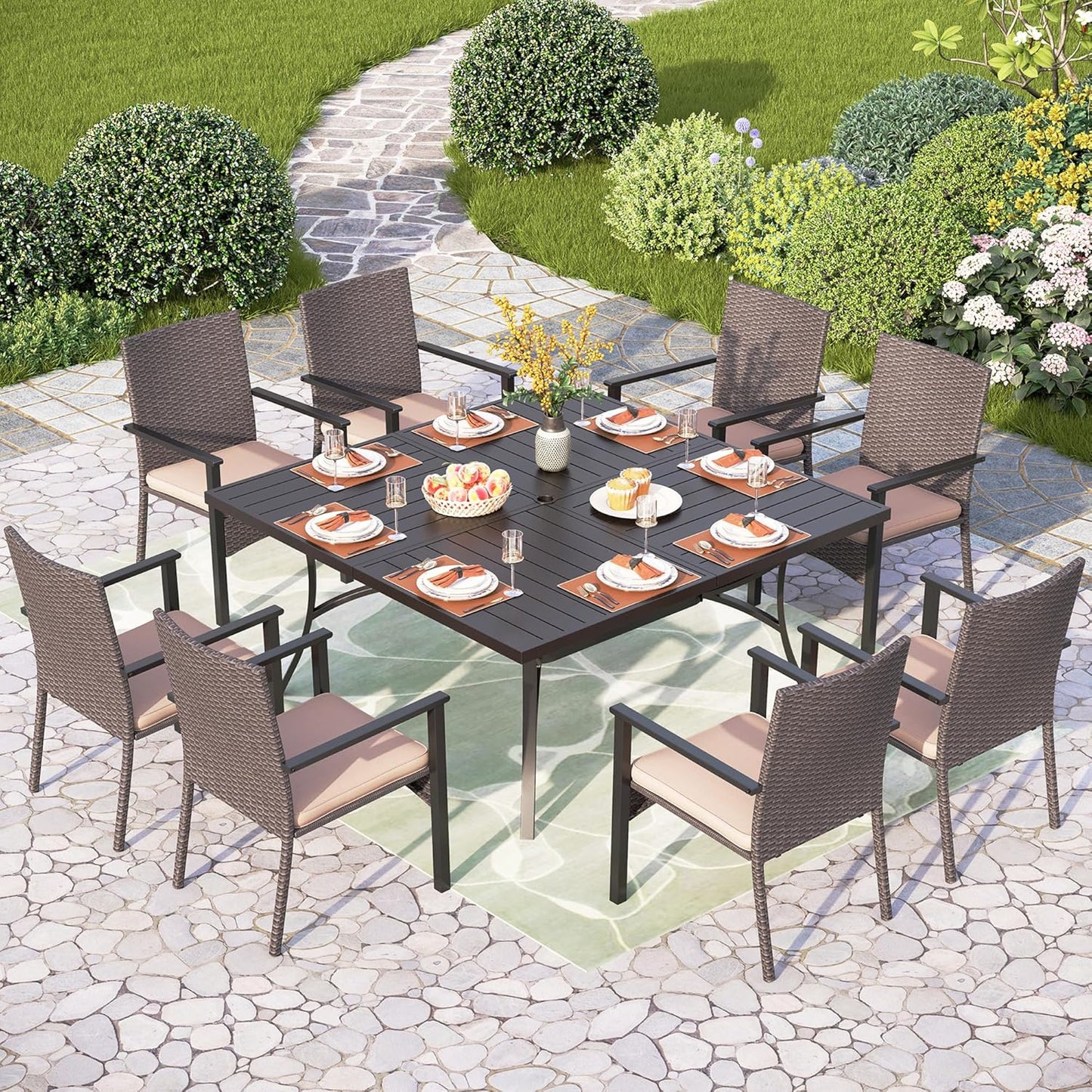 PHI VILLA Outdoor Wicker Chairs Set of 6, Rattan Covered Metal Armchairs with Removable Cushion, Heavy Duty Furniture Set for Patio, Deck, Porch, Yard