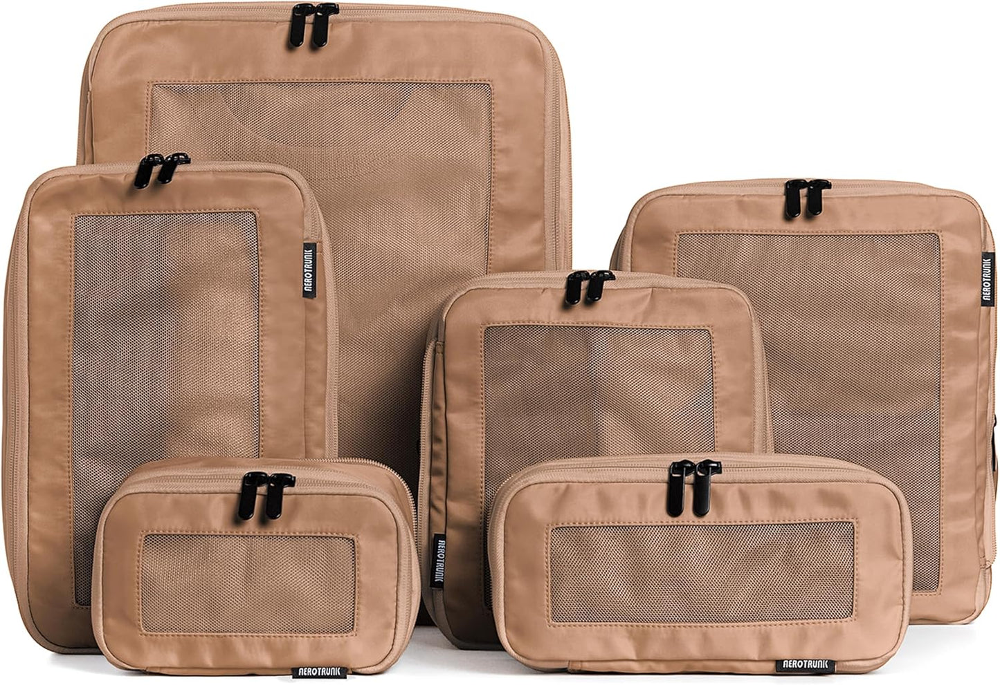 Aerotrunk Compression Packing Cubes for Travel - Luggage Organizer Bags - Double Zipper Packing Cubes for Suitcases (6-Pack, Mocha)