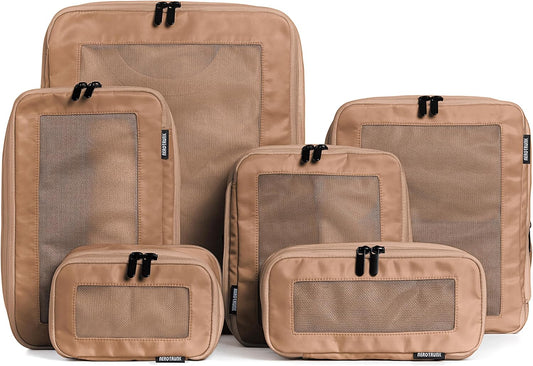 Aerotrunk Compression Packing Cubes for Travel - Luggage Organizer Bags - Double Zipper Packing Cubes for Suitcases (6-Pack, Mocha)
