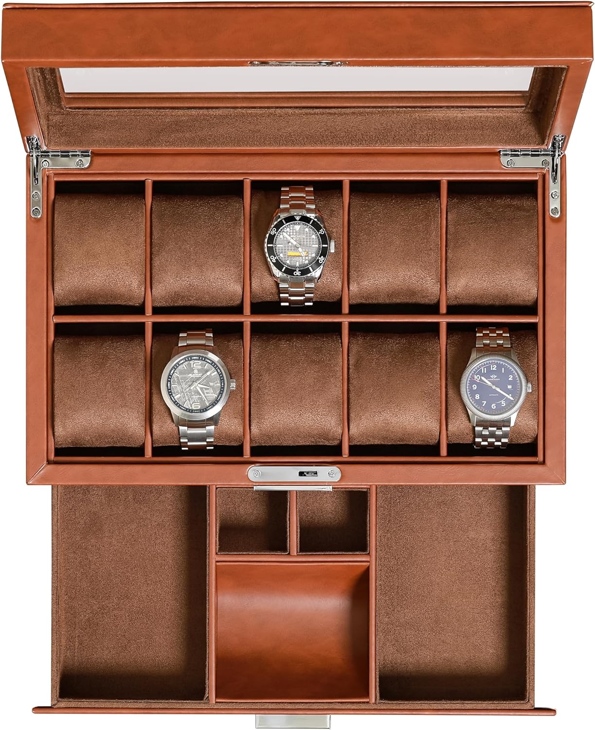 ROTHWELL 10-Slot Watch Box in Leather with Valet Drawer, Luxury Watch Case Display Organizer with Ultra Soft Microsuede Liner, Jewelry and Sunglass Holder With Large Glass top (Tan/Brown)
