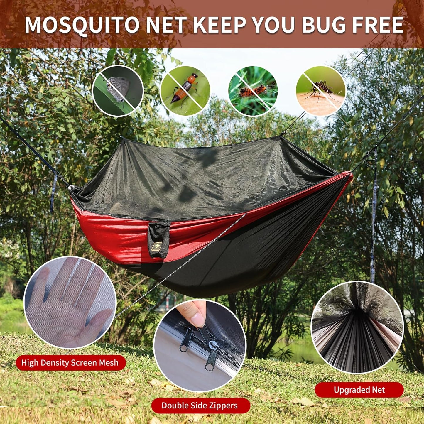 Camping Hammock with Net,Travel Portable Lightweight Hammocks with Tree Straps and Solid D-Shape Carabiners,Parachute Nylon Hammock for Outsides Backpacking Beach Backyard Patio Hiking