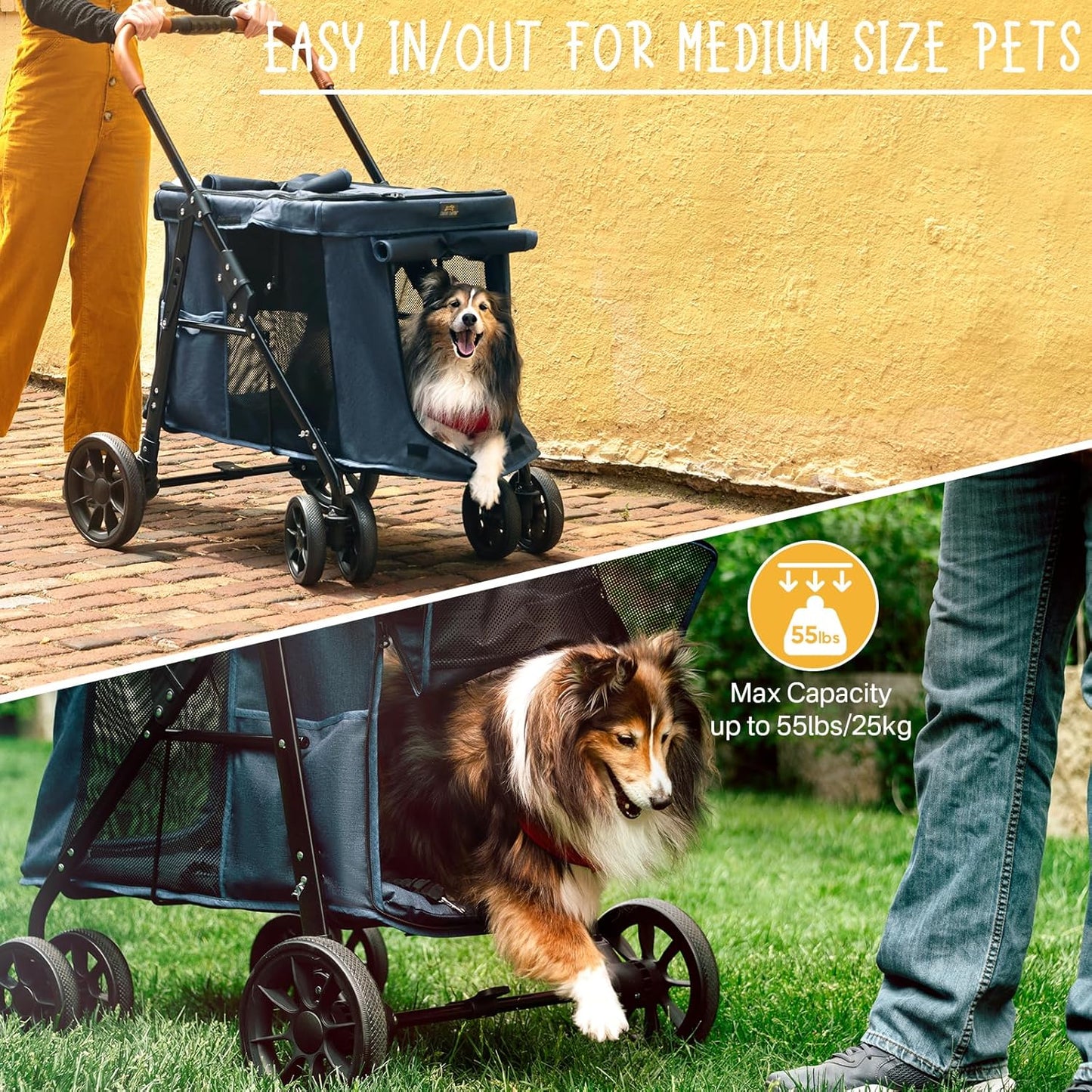 Upgraded 4 Wheels Pet Stroller for Small/Medium Dogs- One Button Fold, Adjustable Mesh Windows and Shades, 360° Swivel Front Wheels and Rear Wheel Brake