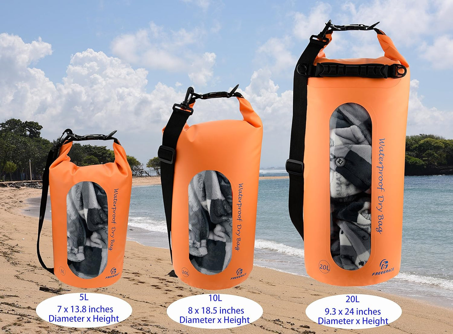 Freegrace Waterproof Dry Bags Set of 3 Dry Bag with 2 Zip Lock Seals & Detachable Shoulder Strap, Waist Pouch & Phone Case - Can Be Submerged Into Water - for Swimming (Orange(Window), 10L)