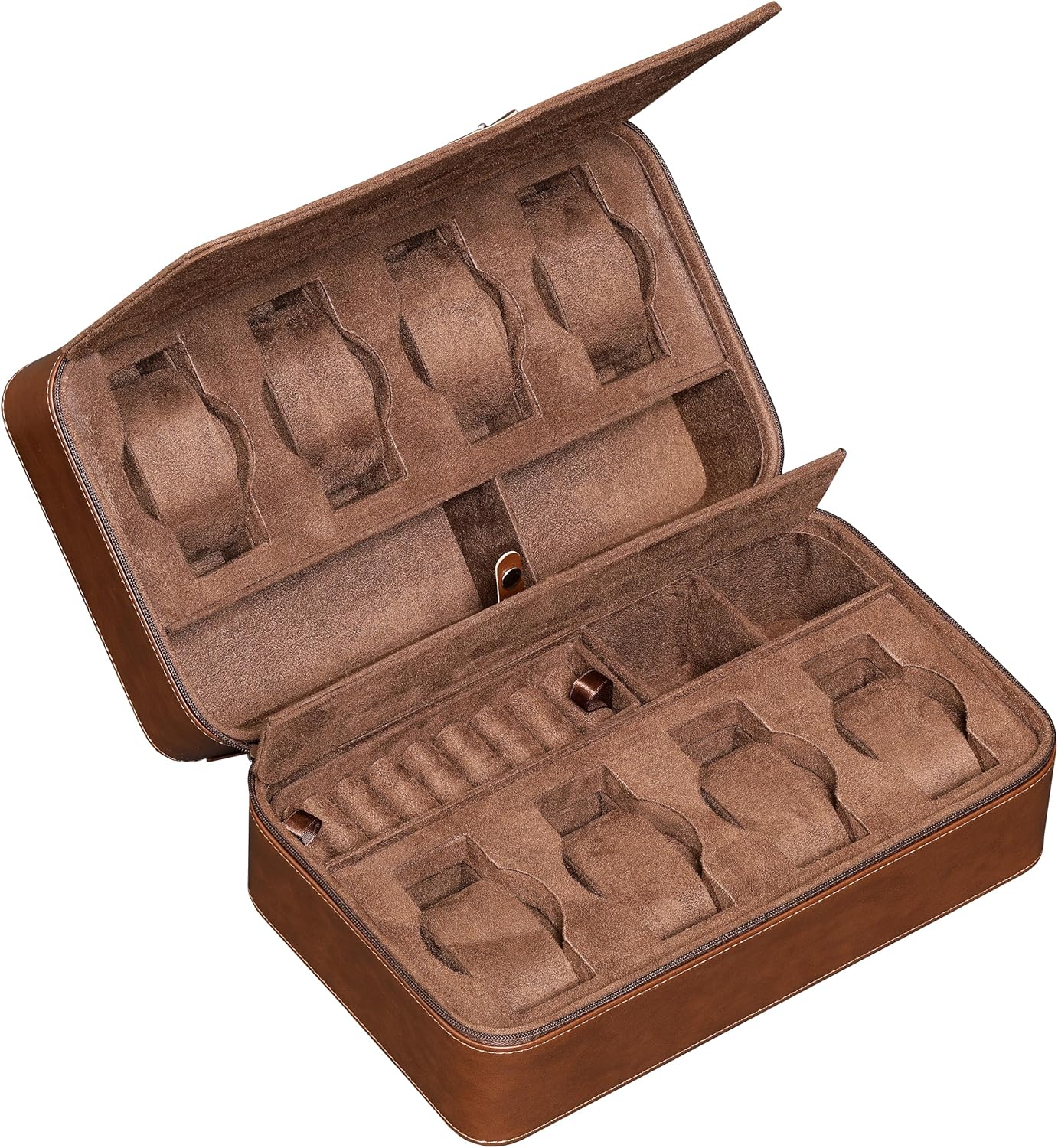 ROTHWELL 8 Watch Travel Case Storage Organizer for 8 Watches, Sunglasses, Rings & Cufflinks |Tough Portable Protection with Zipper Fits Most Wristwatches & Smart Watches Up to 50mm (Tan/Brown)