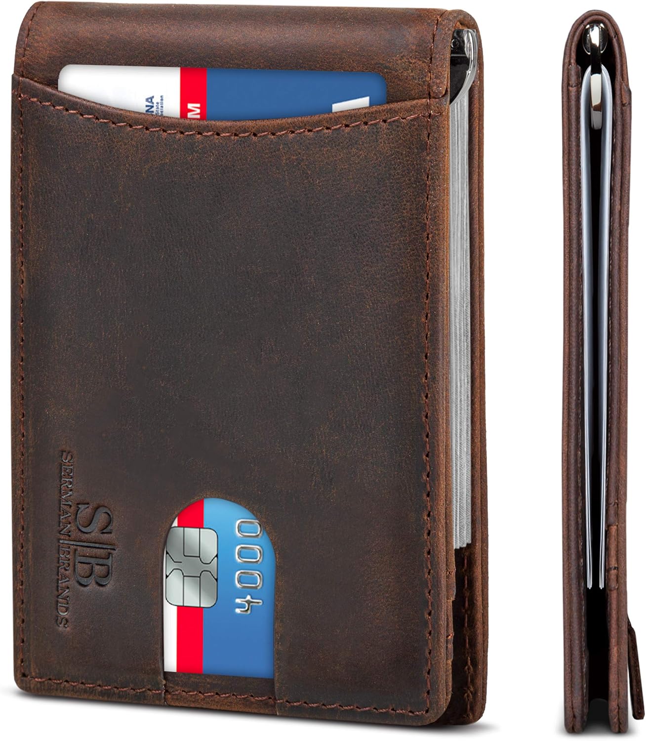SERMAN BRANDS RFID Blocking Slim Bifold Genuine Leather Minimalist Front Pocket Wallets for Men with Money Clip Thin Mens