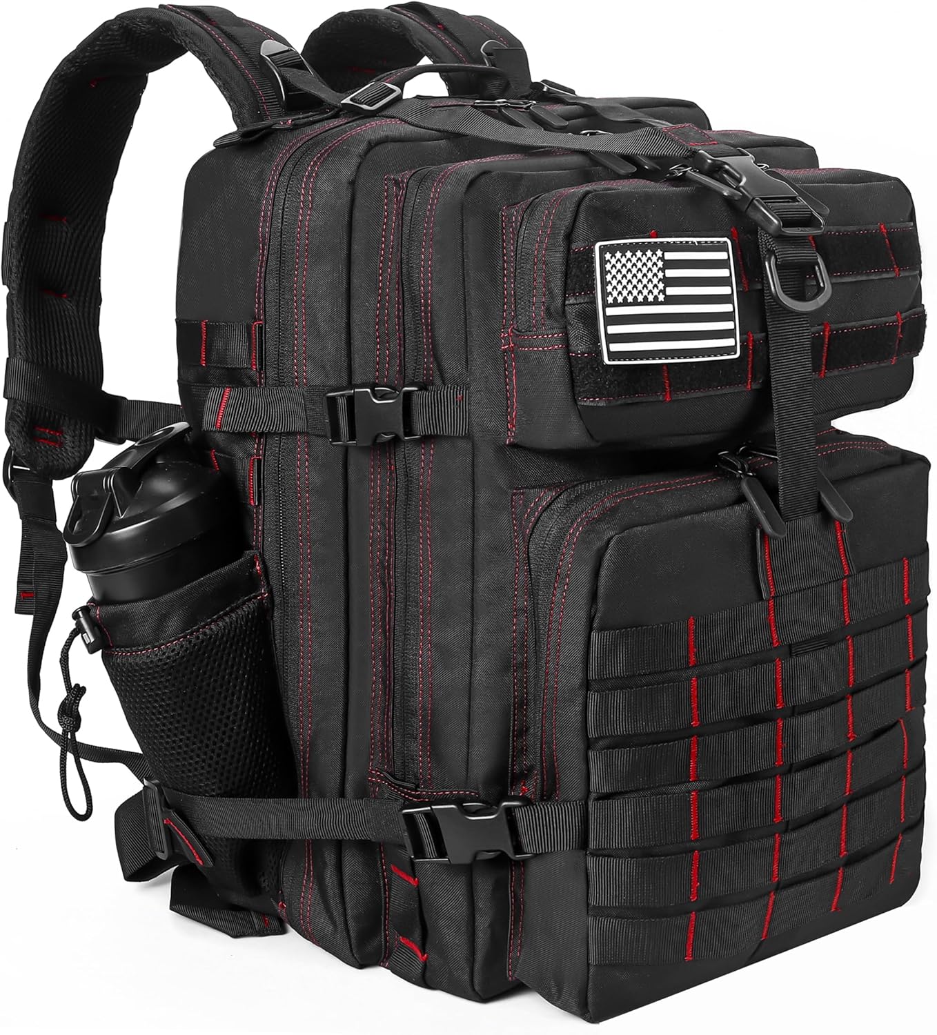 LHI Military Tactical Backpack for Men and Women 45L Army 3 Days Assault Pack Bag Large Rucksack with Molle System - Black With Red Line